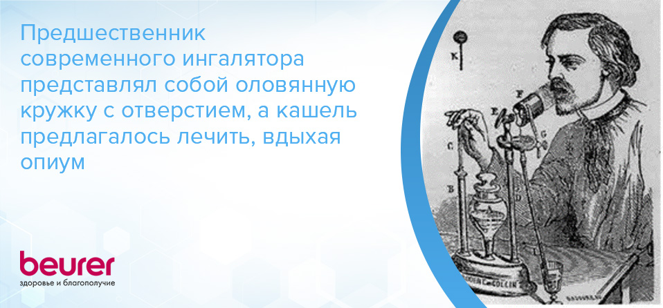 Предшественник современного ингалятора представлял собой оловянную кружку с отверстием, а кашель предлагалось лечить, вдыхая опиум